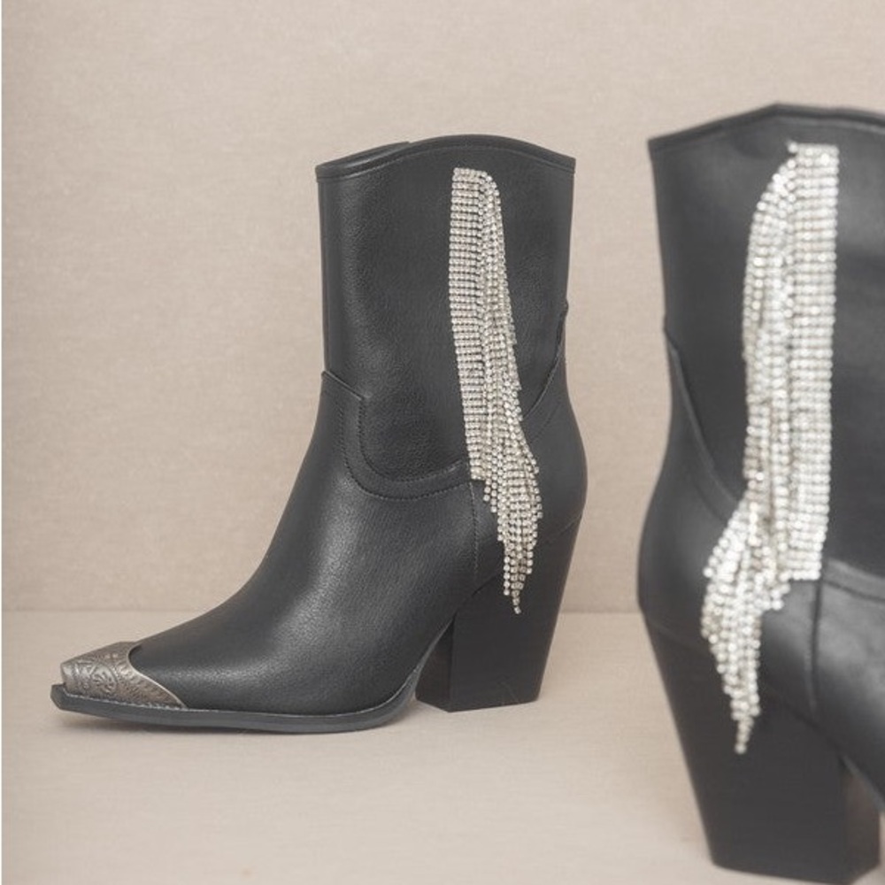 The Kai Rhinestone Fringe Etched Toe Cap Western Cowgirl Booties Boots Black - Picture 6 of 8